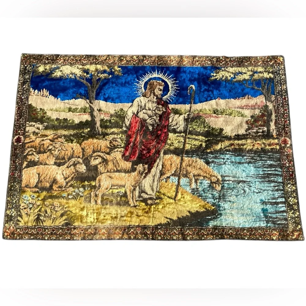 Jesus Christ leading Sheep to Water Tapestry Throw Rug Wall Hanging